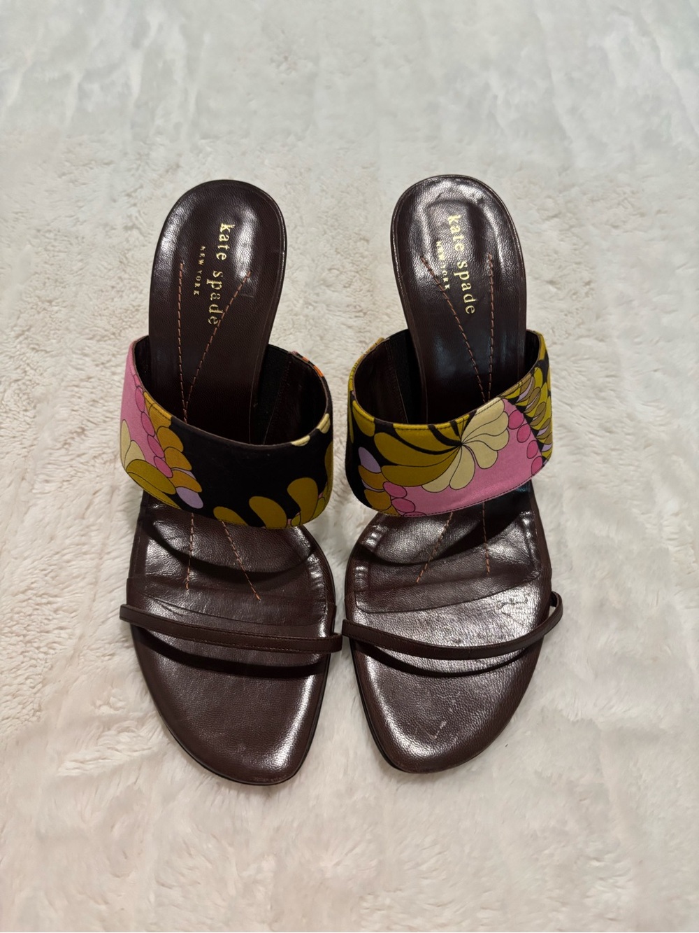 kate spade Brown Leather Slide Mules with Pink & Yellow Floral Band